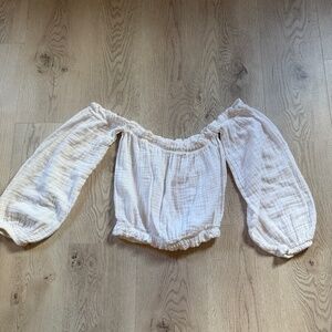 Womella White Off Shoulder Cropped Top Cotton Long Puff Sleeves Sz. S/M